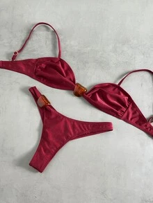 Oceva 2pcs/Set Solid Color Stone Decor Elegant Women Swimwear Set, Spring/Summer - Burgundy - View 4