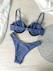 Oceva 女款素色細肩帶鋼圈上衣與泳褲2件組夏季泳裝套裝 - 藍色 - 查看 3