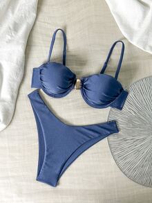 Oceva 女款素色細肩帶鋼圈上衣與泳褲2件組夏季泳裝套裝 - 藍色 - 查看 2