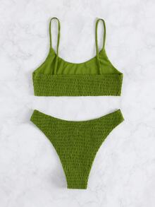 Swim Basics Summer Beach Smocked Low Rise Bikini - Olive Green - View 3