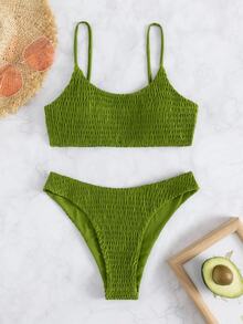 Swim Basics Summer Beach Smocked Low Rise Bikini - Olive Green - View 4