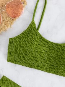 Swim Basics Summer Beach Smocked Low Rise Bikini - Olive Green - View 6