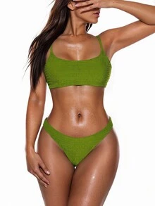Swim Basics Summer Beach Smocked Low Rise Bikini - Olive Green - View 2