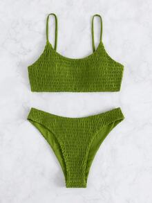 Swim Basics Summer Beach Smocked Low Rise Bikini - Olive Green - View 7