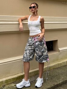 BiaLiraa Women's Casual Fashion Street Vacation Style All-Over Print Drawstring Waist Flap Pocket Loose Denim Shorts, Summer - Multicolor - View 3