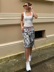 BiaLiraa Women's Casual Fashion Street Vacation Style All-Over Print Drawstring Waist Flap Pocket Loose Denim Shorts, Summer - Multicolor - View 5