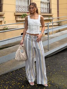 BiaLiraa 女款紋理布料對比蕾絲飾邊方領無袖優雅度假海灘夏季短版上衣可愛上衣校園風 - 白色 - 查看 3