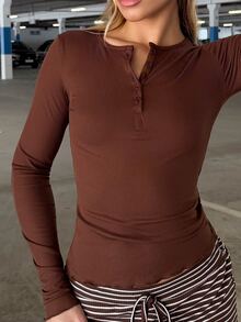 BiaLiraa Half Button Ribbed Knit Slim Fit Tee,Fall Clothes Long Sleeve Women Tops - Coffee Brown - View 6