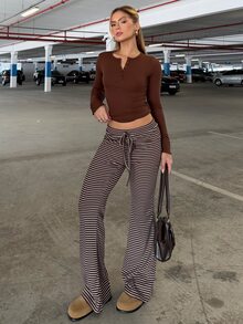 BiaLiraa Half Button Ribbed Knit Slim Fit Tee,Fall Clothes Long Sleeve Women Tops - Coffee Brown - View 4
