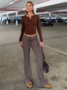 BiaLiraa Half Button Ribbed Knit Slim Fit Tee,Fall Clothes Long Sleeve Women Tops - Coffee Brown - View 3