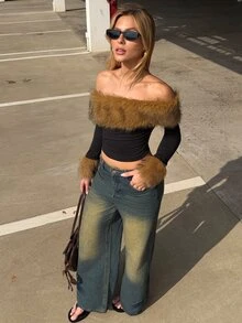 BiaLiraa Fluffy Collar Splice Off Shoulder Long Sleeve T-Shirt, Fashionable And Elegant, Autumn/Winter - Multicolor - View 6