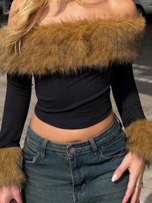 BiaLiraa Fluffy Collar Splice Off Shoulder Long Sleeve T-Shirt, Fashionable And Elegant, Autumn/Winter - Multicolor - View 4