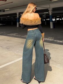 BiaLiraa Fluffy Collar Splice Off Shoulder Long Sleeve T-Shirt, Fashionable And Elegant, Autumn/Winter - Multicolor - View 2