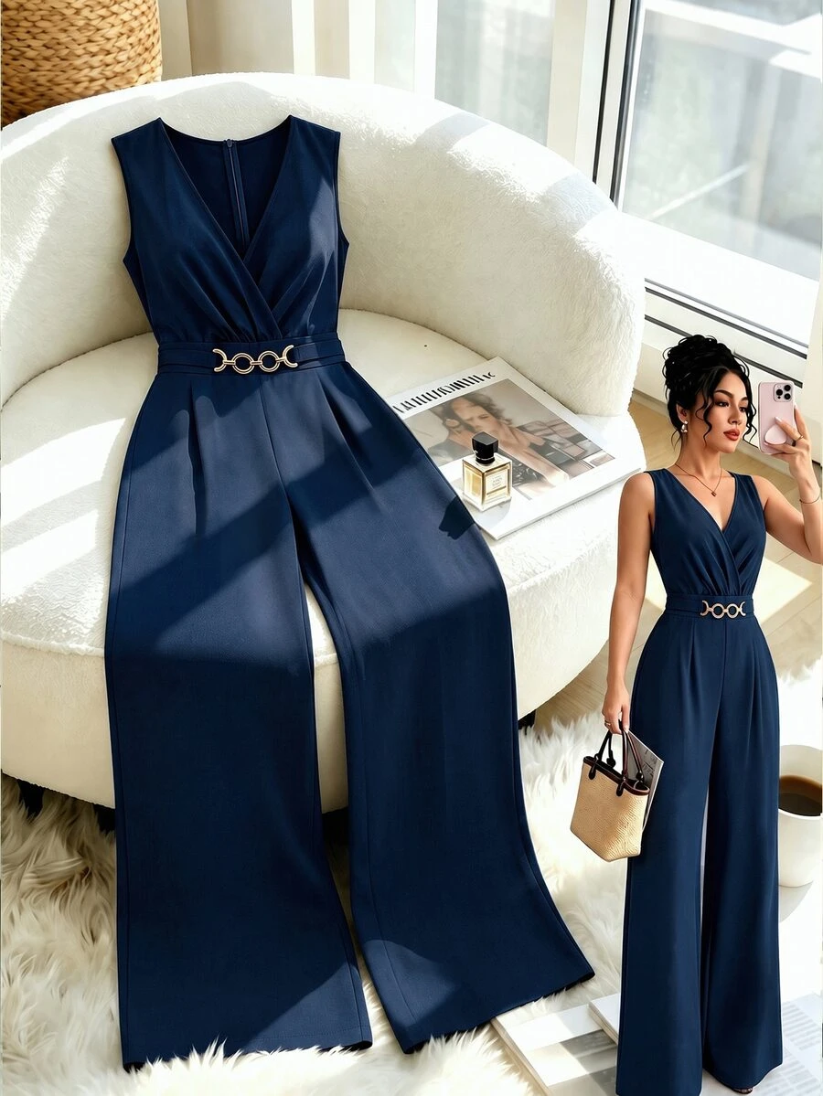 GlowEve CURVE Plus Size Women's Elegant Solid Color V-Neck Sleeveless Gold Decor Waist Buckle Cinched Waist Wide Leg Jumpsuit, Suitable For Spring/Summer Commute And Daily Wear - Navy Blue - View 1