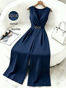 GlowEve CURVE Plus Size Women's Elegant Solid Color V-Neck Sleeveless Gold Decor Waist Buckle Cinched Waist Wide Leg Jumpsuit, Suitable For Spring/Summer Commute And Daily Wear - Navy Blue - View 7