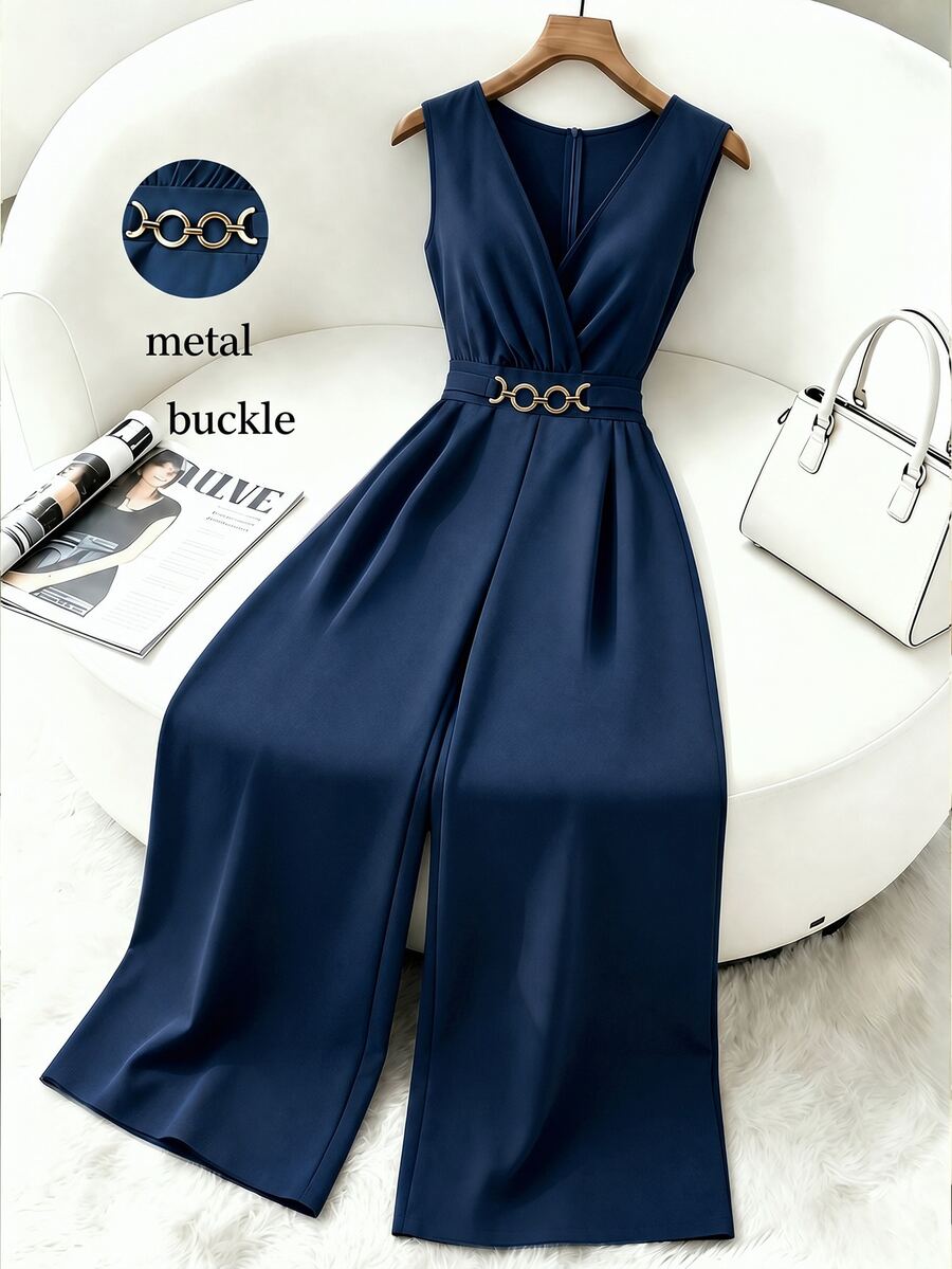 GlowEve CURVE Plus Size Women's Elegant Solid Color V-Neck Sleeveless Gold Decor Waist Buckle Cinched Waist Wide Leg Jumpsuit, Suitable For Spring/Summer Commute And Daily Wear - Navy Blue - View 1