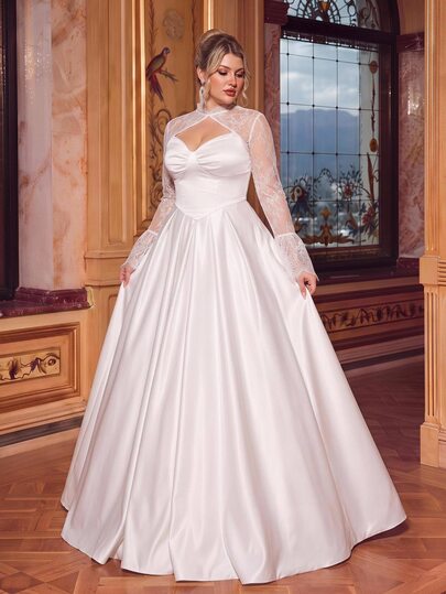 Glamrae Bộ váy dài 2 mảnh màu trắng phong cách tối giản thanh lịch cho người size lớn, cúp ngực, eo cao dáng chữ A có đuôi, kèm áo top tay chuông ren tháo rời, phù hợp sự kiện trang trọng buổi tối, đám cưới và làm váy cô dâu