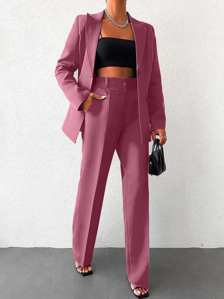 EURMUSE Women's Casual Business Professional Solid Color Single-Button Blazer Pants Suit Office Business Hot Pink Summer - Rusty Rose - View 5