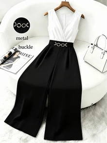 GlowEve CURVE Plus Size Women's Elegant Solid Color V-Neck Sleeveless Gold Decor Waist Buckle Cinched Waist Wide Leg Jumpsuit, Suitable For Spring/Summer Commuting And Daily Wear - Black and White - View 1