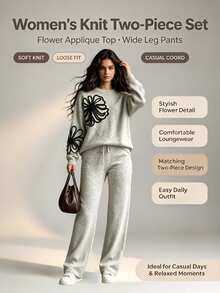 SHEIN Women's Autumn/Winter Minimalist Fashion Round Neck Knit Sweater With Embroidered Floral Design And Wide Leg Knit Pants Set, Suitable For Daily Commute, Party And Other Occasions - White - View 3
