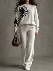 SHEIN Women's Autumn/Winter Minimalist Fashion Round Neck Knit Sweater With Embroidered Floral Design And Wide Leg Knit Pants Set, Suitable For Daily Commute, Party And Other Occasions - White - View 4
