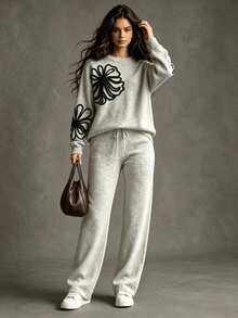 SHEIN Women's Autumn/Winter Minimalist Fashion Round Neck Knit Sweater With Embroidered Floral Design And Wide Leg Knit Pants Set, Suitable For Daily Commute, Party And Other Occasions - White - View 6
