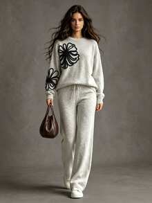 SHEIN Women's Autumn/Winter Minimalist Fashion Round Neck Knit Sweater With Embroidered Floral Design And Wide Leg Knit Pants Set, Suitable For Daily Commute, Party And Other Occasions - White - View 10