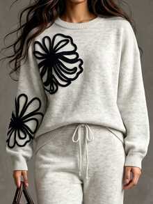 SHEIN Women's Autumn/Winter Minimalist Fashion Round Neck Knit Sweater With Embroidered Floral Design And Wide Leg Knit Pants Set, Suitable For Daily Commute, Party And Other Occasions - White - View 7