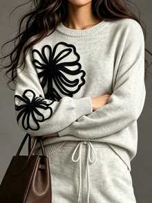 SHEIN Women's Autumn/Winter Minimalist Fashion Round Neck Knit Sweater With Embroidered Floral Design And Wide Leg Knit Pants Set, Suitable For Daily Commute, Party And Other Occasions - White - View 9