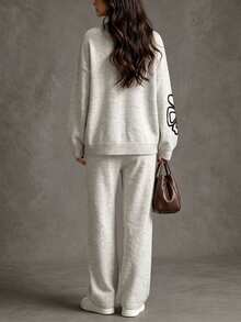SHEIN Women's Autumn/Winter Minimalist Fashion Round Neck Knit Sweater With Embroidered Floral Design And Wide Leg Knit Pants Set, Suitable For Daily Commute, Party And Other Occasions - White - View 8
