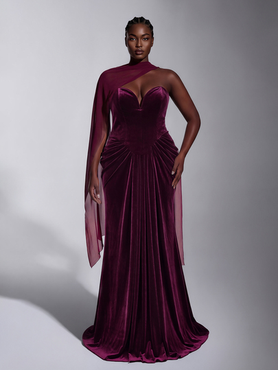 Elitara Plus Size Classy Dark Blue Strapless Ruched Mermaid Long Dress ...