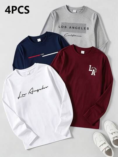 SHEIN 4pcs/Pack Teen Boys 4-Pack Long Sleeve T-Shirts Multipack, Casual Assorted "Los Angeles" Letter Graphic Print Crewneck Pullover Basic Tees Set