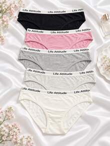 SHEIN Women's Waist Letter Patchwork Solid Color Triangle Panties (5-Piece Set) - Multicolor - View 4