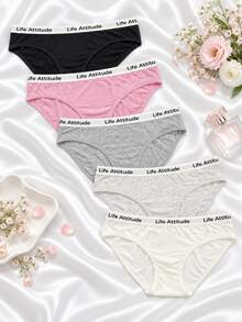 SHEIN Women's Waist Letter Patchwork Solid Color Triangle Panties (5-Piece Set) - Multicolor - View 3