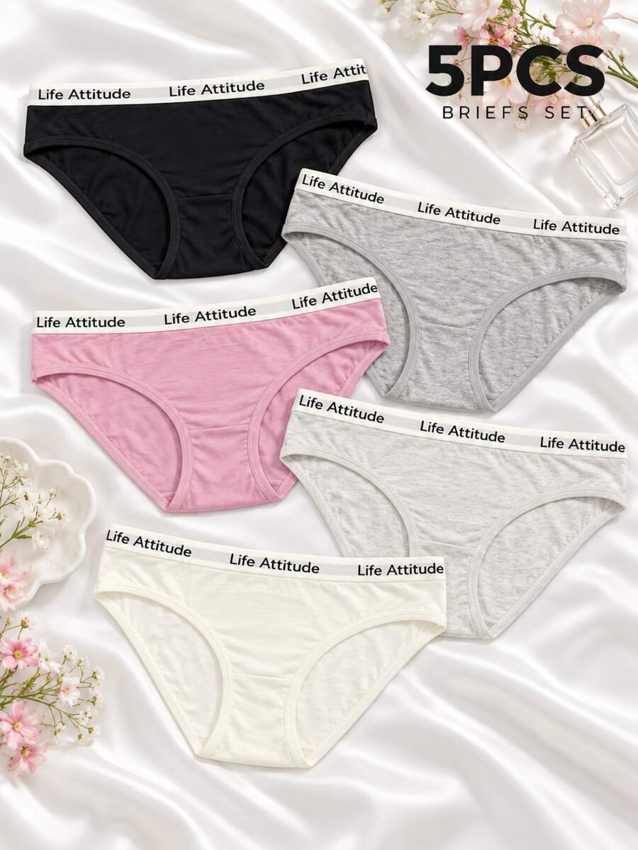 SHEIN Women's Waist Letter Patchwork Solid Color Triangle Panties (5-Piece Set) - Multicolor - View 1