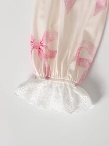 SHEIN Tween女孩秋冬款寬鬆休閒甜美卡通貓蝴蝶結豹紋拼接精緻刺繡蕾絲飾邊家居服睡裙睡袍兒童睡衣 - 彩色 - 查看 4