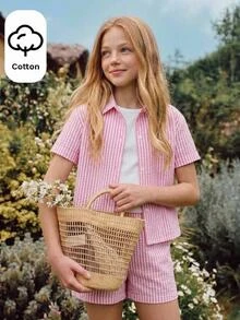 Joliand Tween Girl Casual Daily Fashion Yellow & Black Striped Loose Short Sleeve Shirt - Pink - View 5