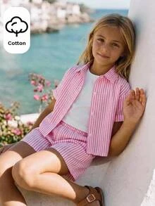 Joliand Tween Girl Casual Daily Fashion Yellow & Black Striped Loose Short Sleeve Shirt - Pink - View 2