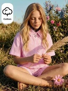 Joliand Tween Girl Casual Daily Fashion Yellow & Black Striped Loose Short Sleeve Shirt - Pink - View 3
