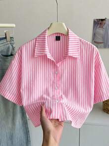 Joliand Tween Girl Casual Daily Fashion Yellow & Black Striped Loose Short Sleeve Shirt - Pink - View 8