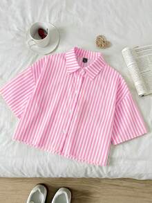 Joliand Tween Girl Casual Daily Fashion Yellow & Black Striped Loose Short Sleeve Shirt - Pink - View 7
