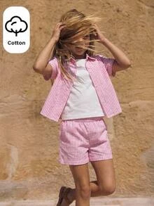 Joliand Tween Girl Casual Daily Fashion Yellow & Black Striped Loose Short Sleeve Shirt - Pink - View 1
