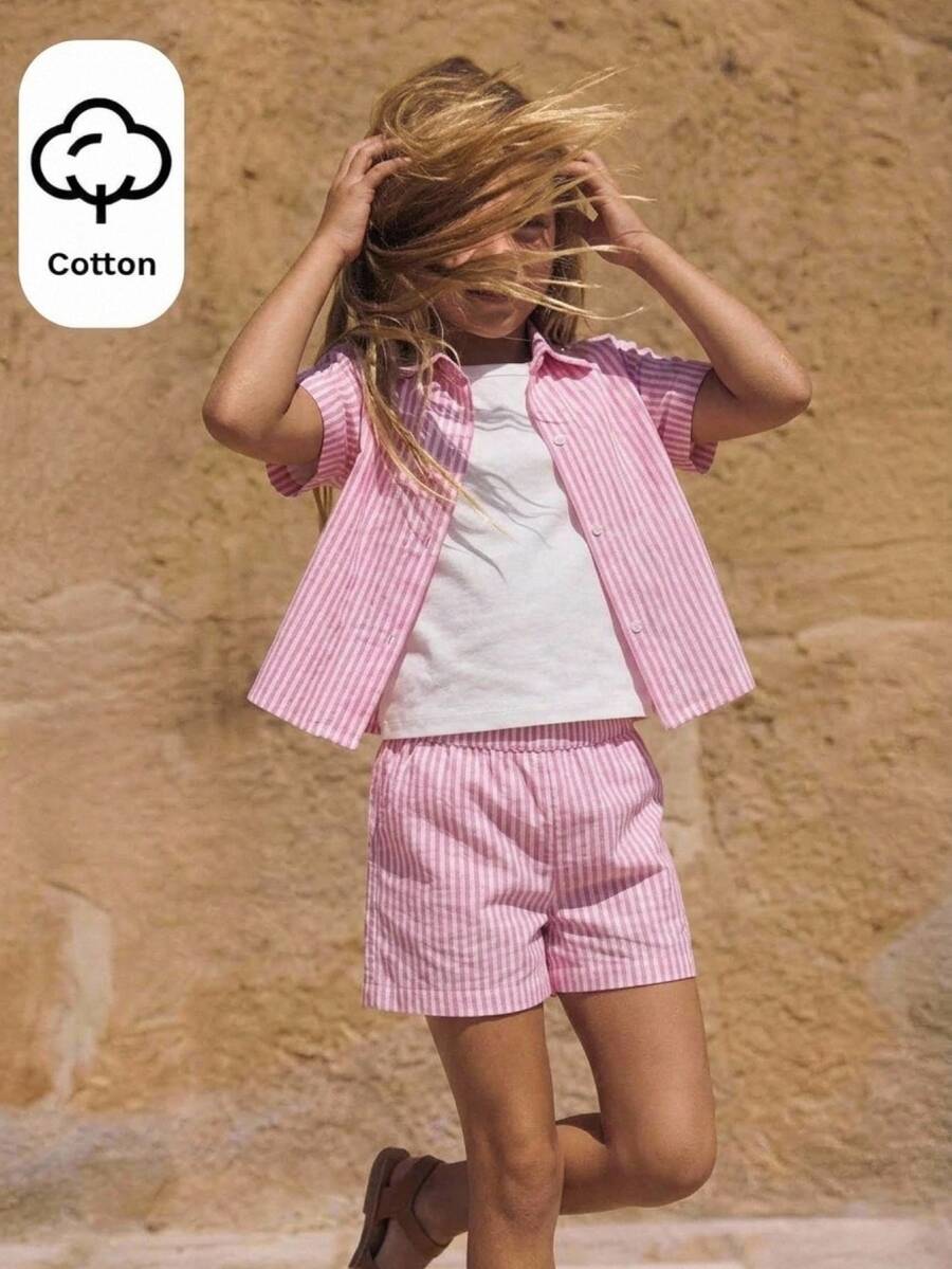 Joliand Tween Girl Casual Daily Fashion Yellow & Black Striped Loose Short Sleeve Shirt - Pink - View 1