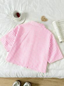 Joliand Tween Girl Casual Daily Fashion Yellow & Black Striped Loose Short Sleeve Shirt - Pink - View 11