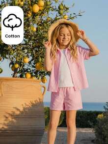 Joliand Tween Girl Casual Daily Fashion Yellow & Black Striped Loose Short Sleeve Shirt - Pink - View 6