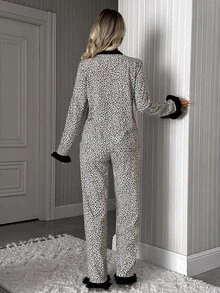 SHEIN Women's Cottonline Leopard Print Ruffle Trim Contrast Button Front Long Sleeve Casual Modest Pajama Set Lounge Sleep Grey Leopard Print Autumn - Multicolor - View 2