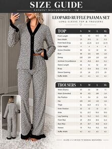 SHEIN Women's Cottonline Leopard Print Ruffle Trim Contrast Button Front Long Sleeve Casual Modest Pajama Set Lounge Sleep Grey Leopard Print Autumn - Multicolor - View 8