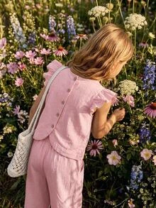 Joliand Joliand 2 件套 - 青少年女孩休闲、百搭、通勤、舒适荷叶边衬衫和宽松梭织裤，粉色，适合居家、运动、度假、郊游、派对、约会、购物、学校、返校季 - 粉色 - 查看 3