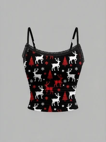SHEIN EZwear Christmas Deer & Snowflake Pattern Lace Camisole And Shorts Set For Women, Suitable For Summer - Black - View 4
