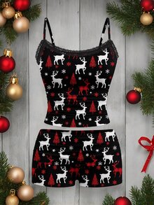 SHEIN EZwear Christmas Deer & Snowflake Pattern Lace Camisole And Shorts Set For Women, Suitable For Summer - Black - View 1